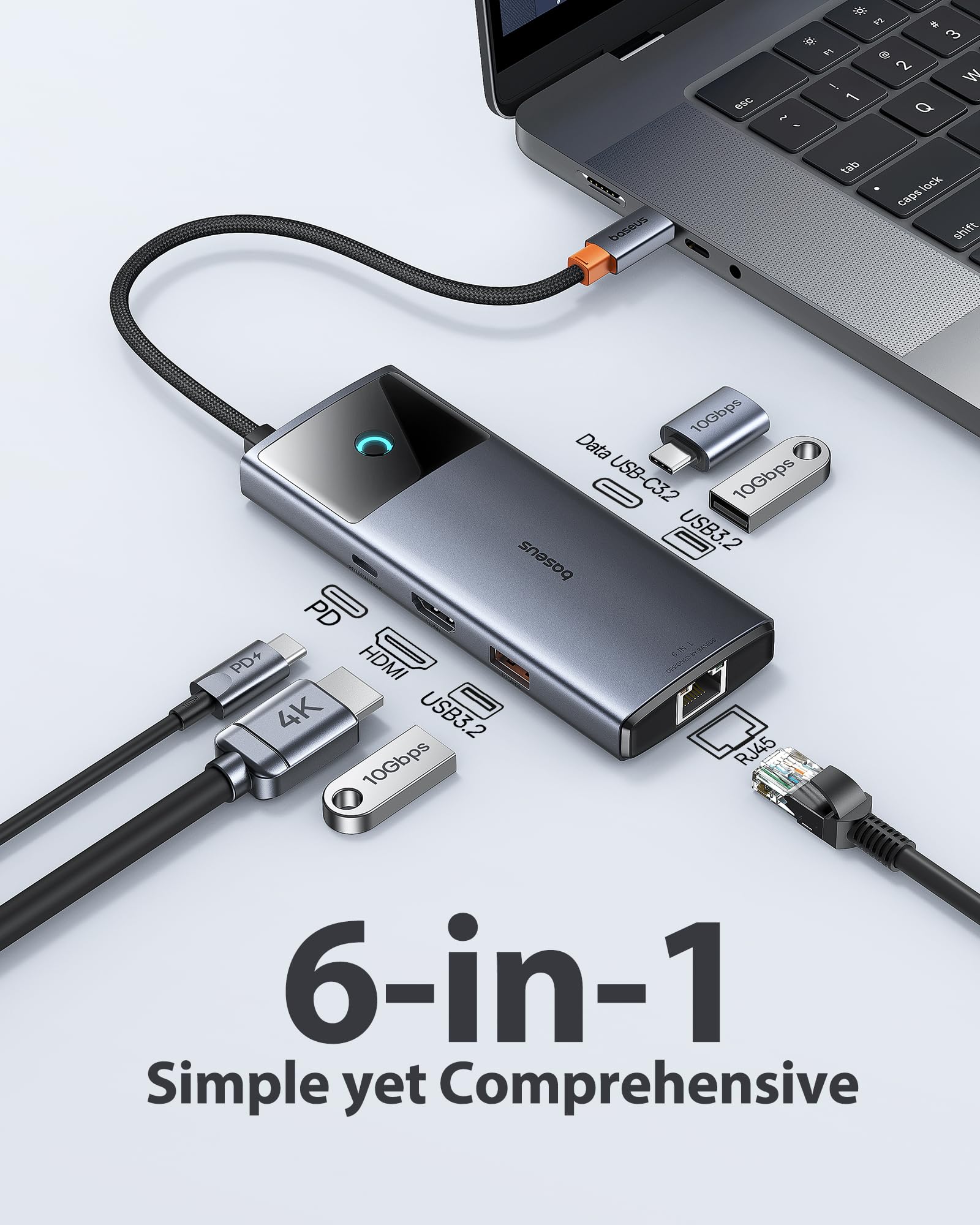 Baseus 10Gbps USB C Hub, 3 USB A/C Data Ports, 4K@60Hz HDMI, Gigabit Ethernet, 100W PD, 6 in 1 USB C Docking Station Compatible for iPhone 15/Dell/HP/Mac/iPad/Microsoft/Steam Deck - Image 7