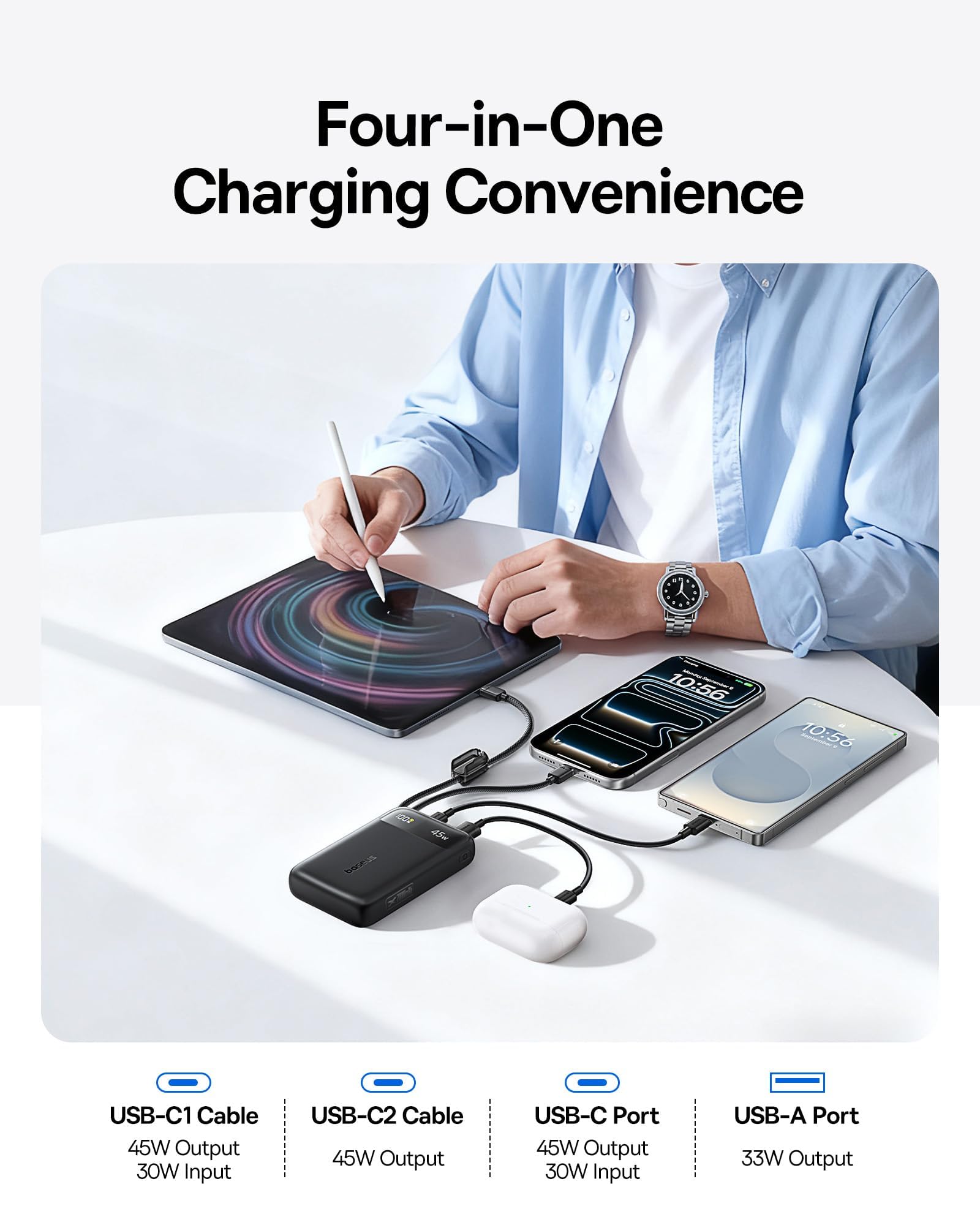 Baseus 20000mAh Compact Portable Charger 45W, CCC Certified Power Bank Built-in USB-C Cables, Travel Essential PD Fast Charging Battery Pack for iPhone 17/16 Series Galaxy S25/S24 Ultra Google iPad - Image 6