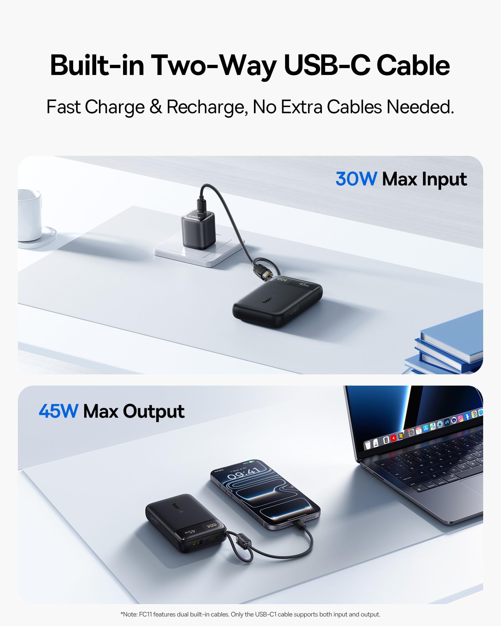 Baseus 20000mAh Compact Portable Charger 45W, CCC Certified Power Bank Built-in USB-C Cables, Travel Essential PD Fast Charging Battery Pack for iPhone 17/16 Series Galaxy S25/S24 Ultra Google iPad - Image 7