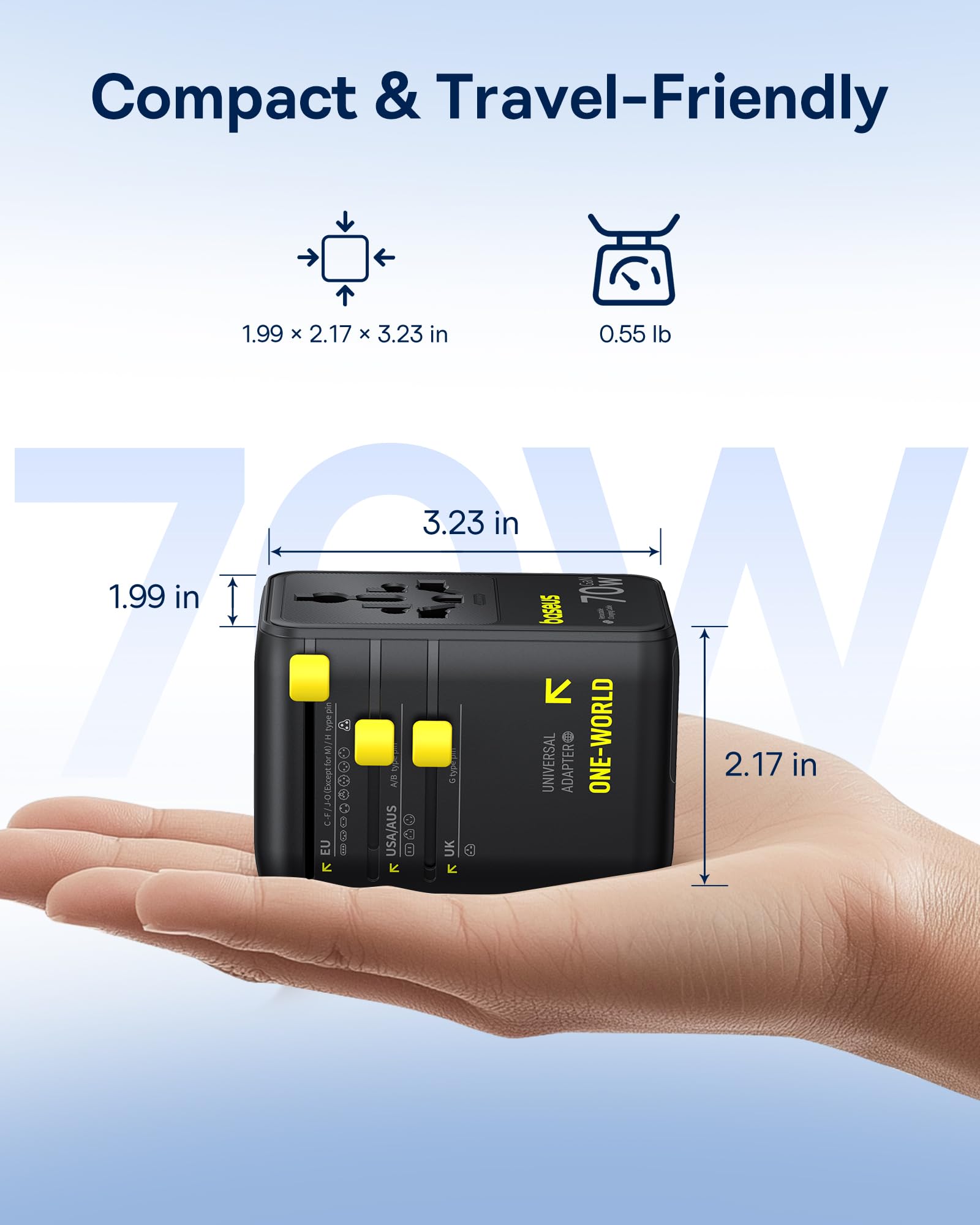 Baseus 70W Universal Travel Adapter, 6-in-1 International Plug Adapter with Retractable Cable, USB-C PD Fast Charging Worldwide Wall Charger for USA/EU/UK/AUS and Over 200 Countries - Enercore CG11 - Image 6
