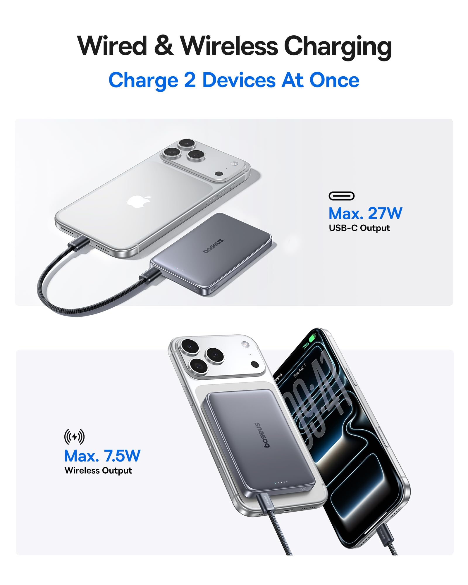 Baseus aseus Picogo 0.5" Ultra Slim 10000mAh MagSafe Portable Charger, Bundle with 45W Portable Charger, Ultra Slim 10000mAh Power Bank Built-in USB-C Cables - Image 4