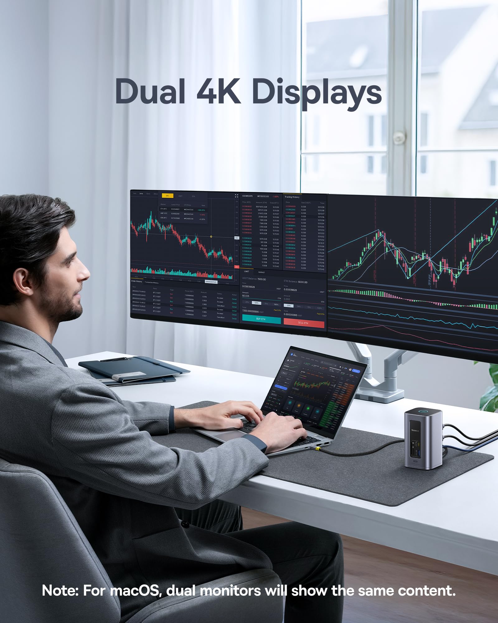 Baseus Docking Station Dual Monitor, Nomos Win Air(12 in 1) Laptop Dock, 2*4K HDMI, 10Gbps USB Ports, 1Gbps Ethernet, PD 100W(No Power Adapter), USB C Docking Station for Dell/HP/Lenovo/Asus/Acer/Mac - Image 4