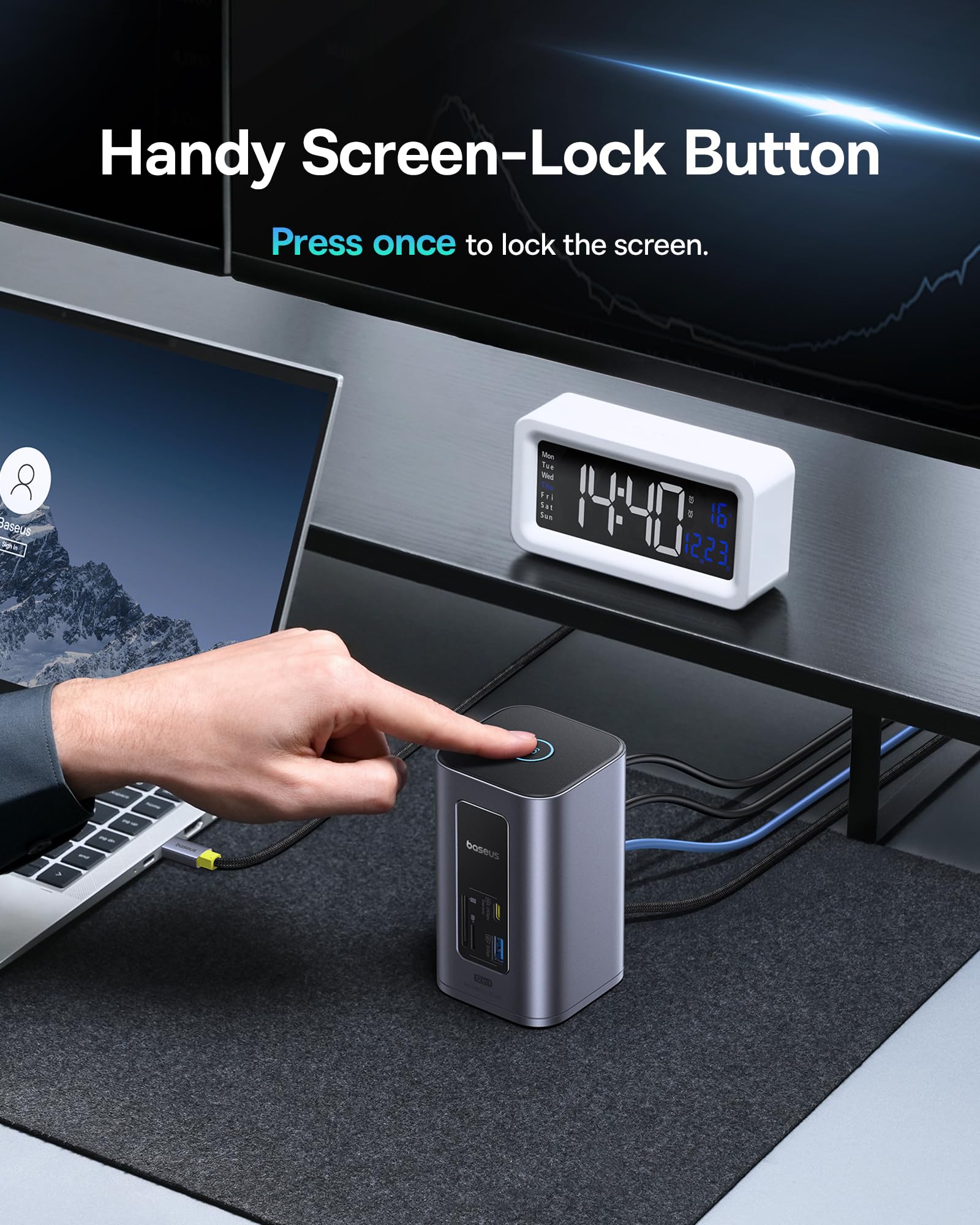 Baseus Docking Station Dual Monitor, Nomos Win Air(12 in 1) Laptop Dock, 2*4K HDMI, 10Gbps USB Ports, 1Gbps Ethernet, PD 100W(No Power Adapter), USB C Docking Station for Dell/HP/Lenovo/Asus/Acer/Mac - Image 7