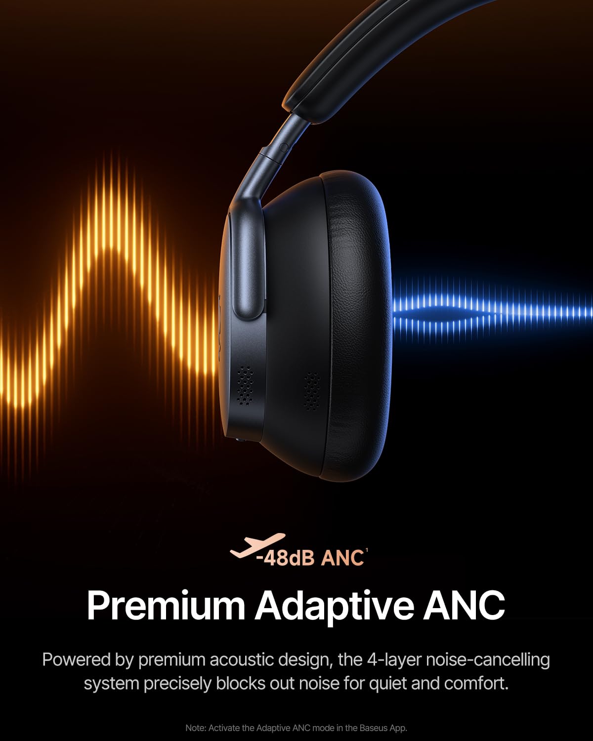 Baseus Inspire XH1 Adaptive Active Noise Cancelling Headphones, Sound by Bose, Dolby Audio, Premium Real-Time Adaptive ANC, Adaptive Tuning Rich Sound, Hi-Res Audio, 100H Playtime - Cosmic Black - Image 3
