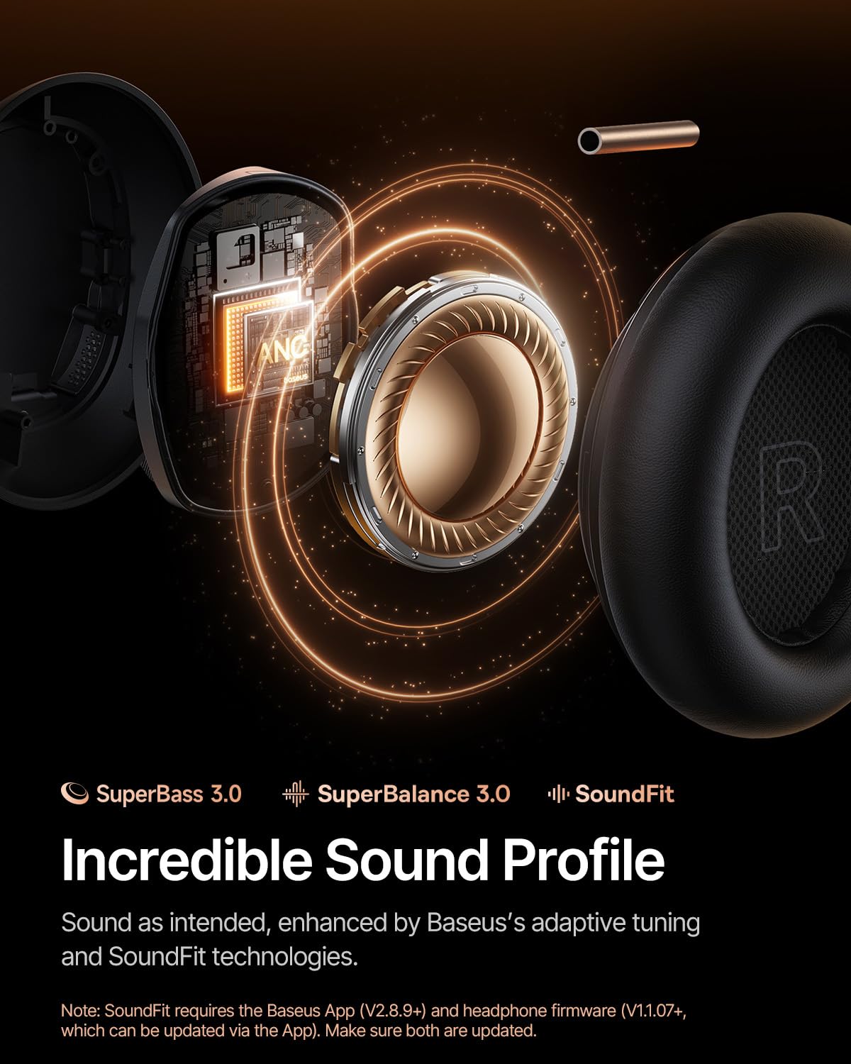 Baseus Inspire XH1 Adaptive Active Noise Cancelling Headphones, Sound by Bose, Dolby Audio, Premium Real-Time Adaptive ANC, Adaptive Tuning Rich Sound, Hi-Res Audio, 100H Playtime - Cosmic Black - Image 5