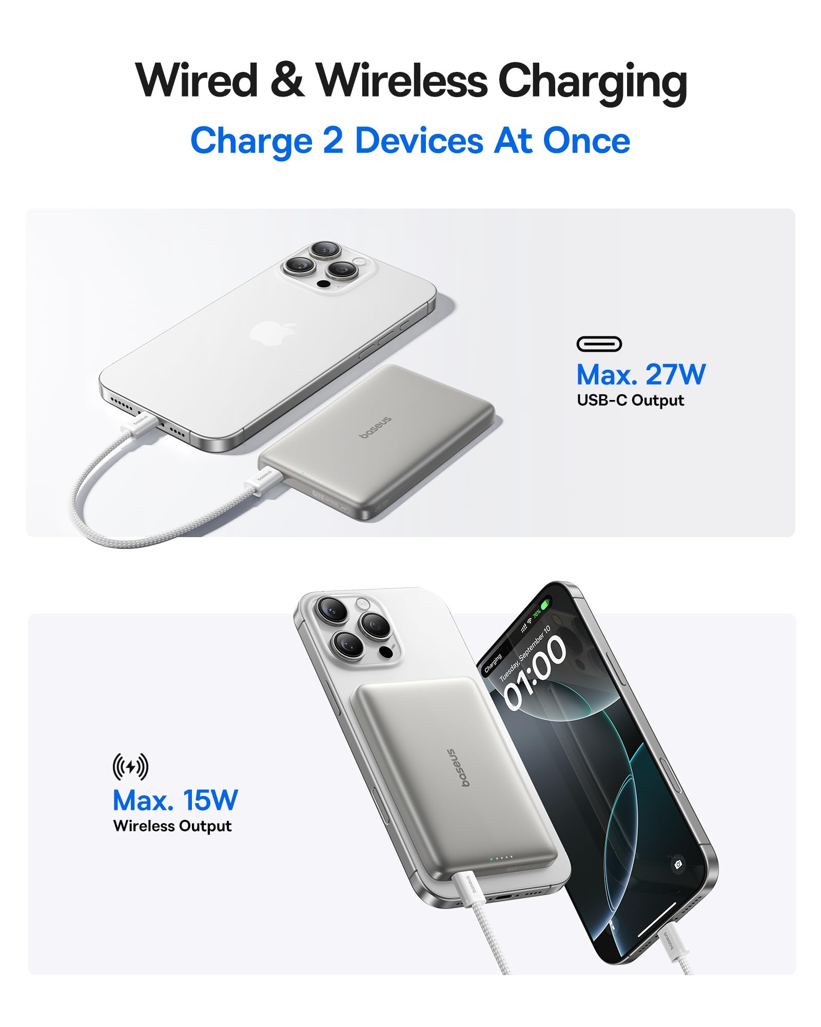 Baseus Picogo Magsafe Portable Charger, Qi2 Certified 0.5" Ultra Slim 15W Wireless Power Bank, 10000mAh 27W Fast Charging Magnetic Battery Pack with USB-C for iPhone 17/16/15/14/13/12 Series Only - Image 5