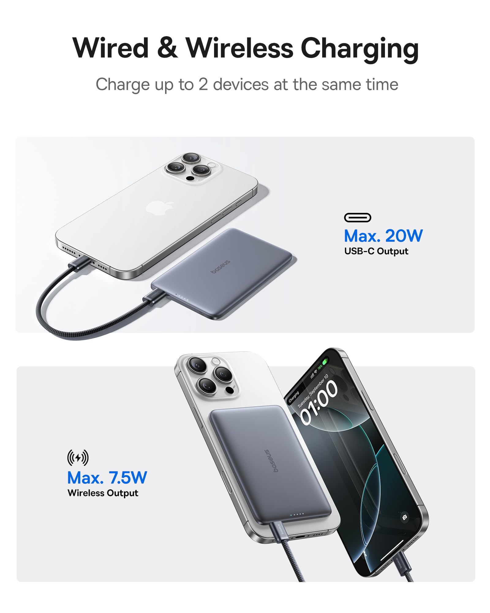 Baseus Picogo Power Bank, 0.3" Ultra Slim 5000mAh MagSafe Portable Charger, Card-Size Magnetic Battery Pack with USB-C Braided Cable, Alloy Wireless Charger for iPhone 17 Pro Max/17 Air/16/15/14/13/12 - Image 6