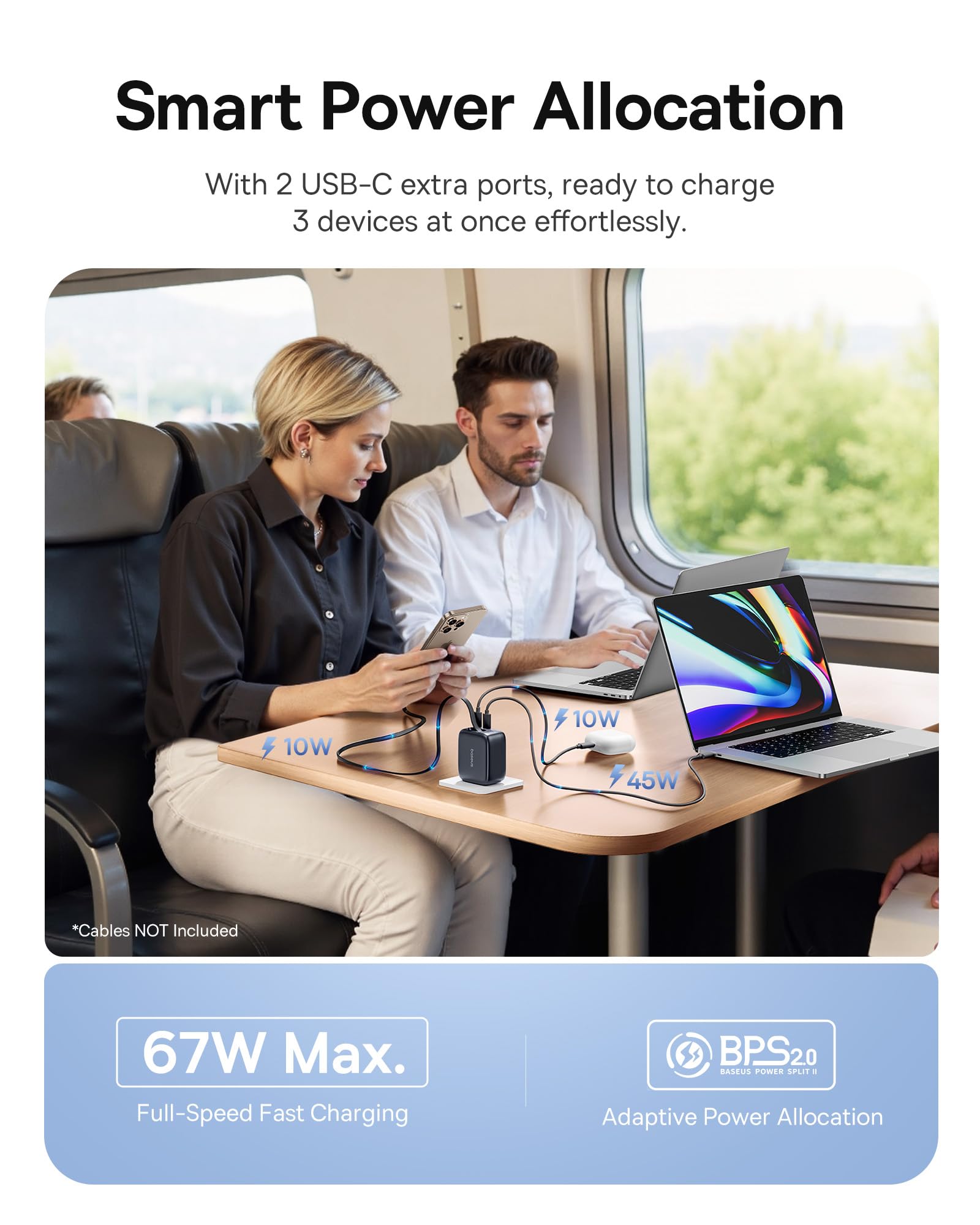 Baseus Enercore Retractable USB C Charger, 67W 3 in 1 Fast Charging Block with Foldable Plug Bundle with Power Bank, 10000mAh Fast Charging Portable Charger Built-in 45W Retractable USB C Cable - Image 4